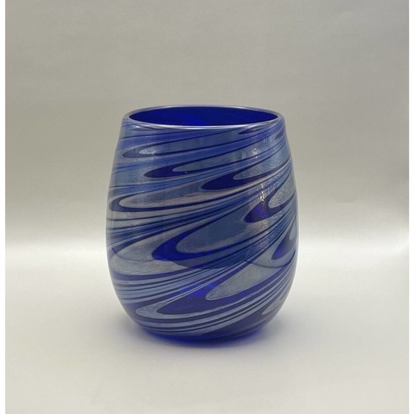 1992 Frederick Warren Art Cobalt Blue Glass Vase w/ Swirls of Blue & Silver - Picture 6 of 12
